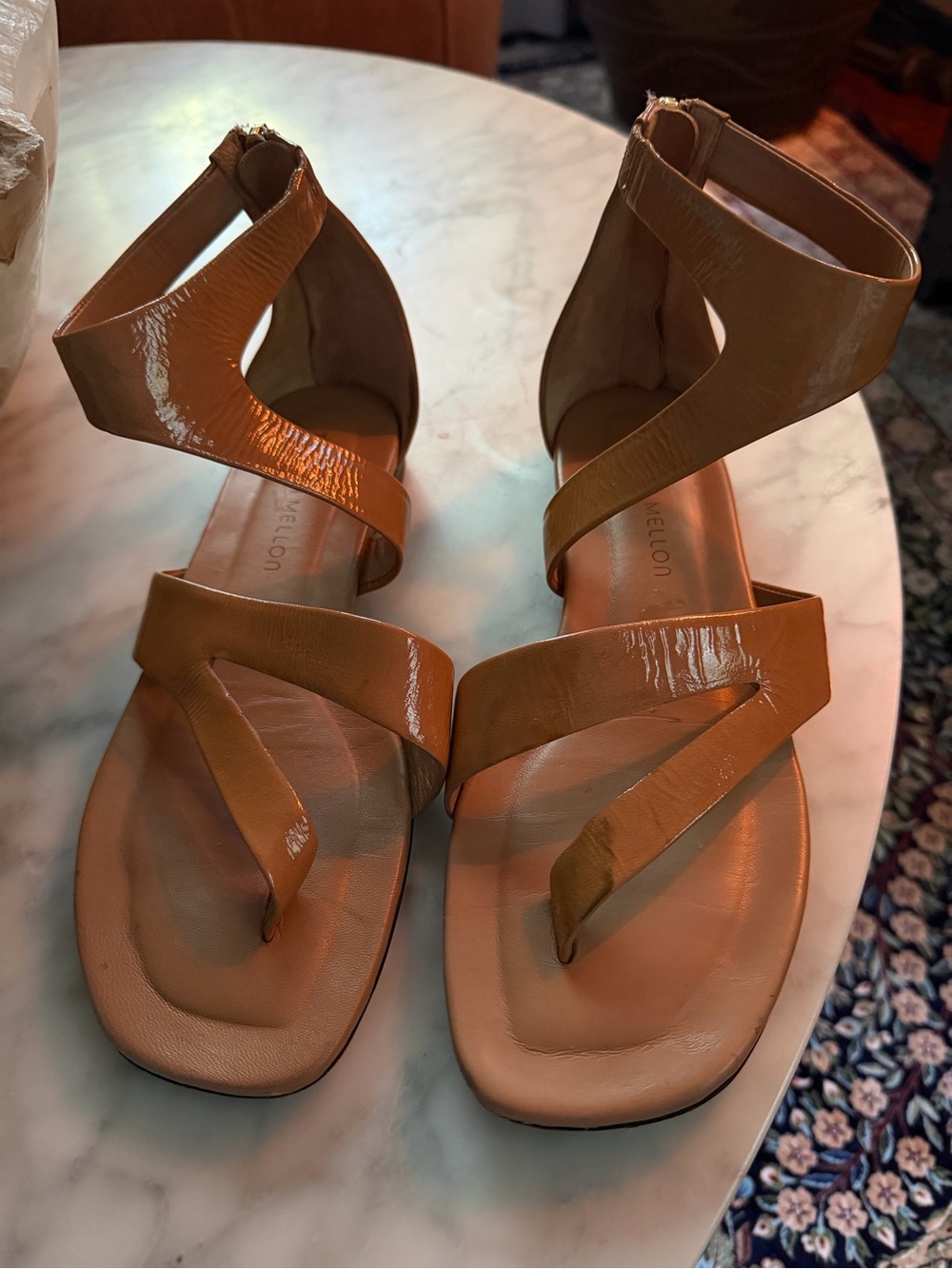Tamara Mellon Stride Flat Gladiator Patent Leather Ankle-Strap Sandals Size 38